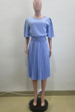 Light Blue Casual Solid Color With Belt O Neck Pleated Dresses