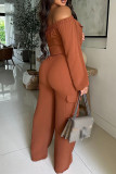 Orange Casual Solid Color Basic Off Shoulder Long Sleeve Two Pieces