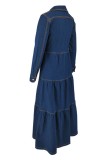 Deep Blue Casual Solid Color Pocket Buttons Turndown Collar Long Sleeve Fitted Denim Dresses