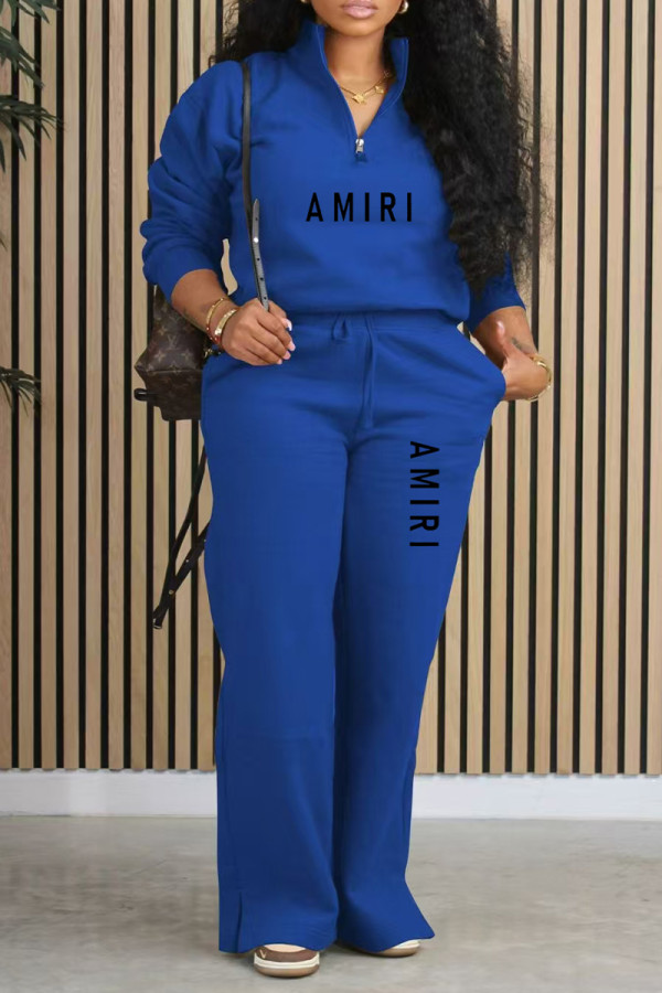 Blue Casual Street Letter Print Pocket Zipper Turndown Collar Long Sleeve Two Pieces