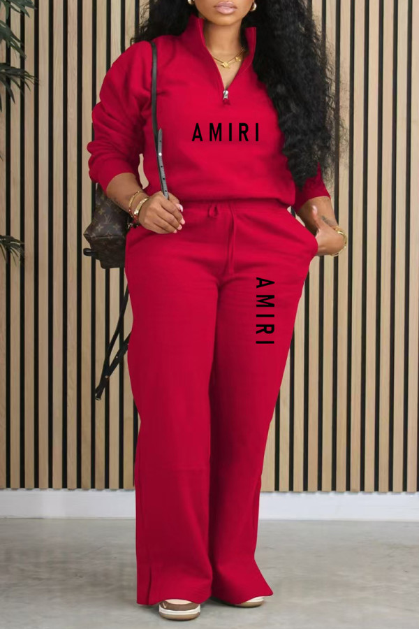 Red Casual Street Letter Print Pocket Zipper Turndown Collar Long Sleeve Two Pieces