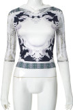 White Casual Print Patchwork Hooded Tops