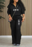 Red Casual Street Letter Print Pocket Zipper Turndown Collar Long Sleeve Two Pieces