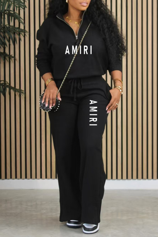 Black Casual Street Letter Print Pocket Zipper Turndown Collar Long Sleeve Two Pieces
