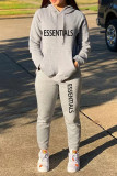 Color Blue Casual Street Letter Print Draw String Pocket Hooded Long Sleeve Two Pieces