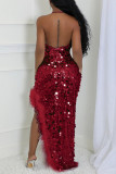 Blue Sexy Patchwork Sequins Feathers Backless Slit Halter Long Dresses