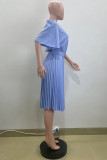 Light Blue Casual Solid Color With Belt O Neck Pleated Dresses