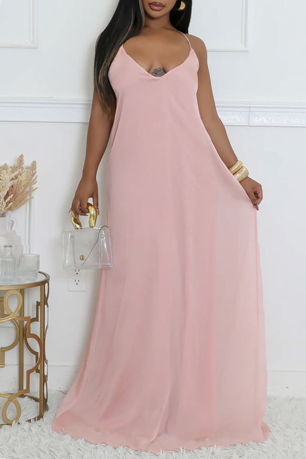 Pink Casual Solid Color Backless Spaghetti Strap Long Dresses (Without Belt)