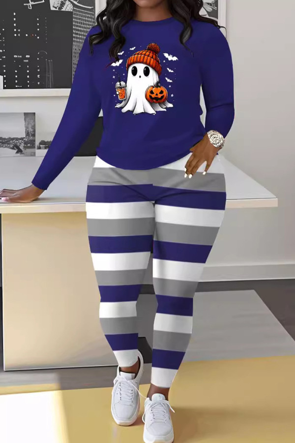 Blue Casual Print Patchwork O Neck Long Sleeve Two Pieces
