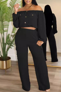 Black Casual Solid Color Basic Off Shoulder Long Sleeve Two Pieces