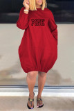 Red Casual Letter Print Pocket O Neck Long Sleeve Dresses