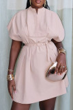 Pink Casual Solid Color Patchwork With Belt V Neck Straight Dresses