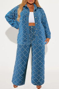 Blue Casual Plaid Buckle Patchwork Zipper Turndown Collar Plus Size Two Pieces