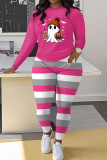 Rose Red Casual Print Patchwork O Neck Long Sleeve Two Pieces