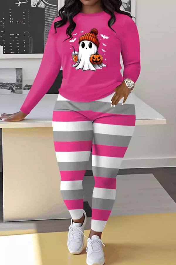 Rose Red Casual Print Patchwork O Neck Long Sleeve Two Pieces