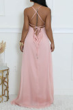 Pink Casual Solid Color Backless Spaghetti Strap Long Dresses (Without Belt)