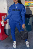Color Blue Casual Street Letter Print Draw String Pocket Hooded Long Sleeve Two Pieces