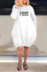 White Casual Letter Print Pocket O Neck Long Sleeve Dresses