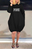 Red Casual Letter Print Pocket O Neck Long Sleeve Dresses