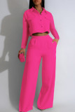 Rose Red Casual Solid Color Pocket Buckle Patchwork Turndown Collar Long Sleeve Two Pieces