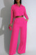 Rose Red Casual Solid Color Pocket Buckle Patchwork Turndown Collar Long Sleeve Two Pieces