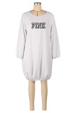 Red Casual Letter Print Pocket O Neck Long Sleeve Dresses