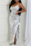 Blue Sexy Patchwork Sequins Feathers Backless Slit Halter Long Dresses