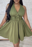 Army Green Sexy Solid Color Patchwork Backless Ruched V Neck A Line Dresses