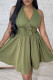 Army Green Sexy Solid Color Patchwork Backless Ruched V Neck A Line Dresses