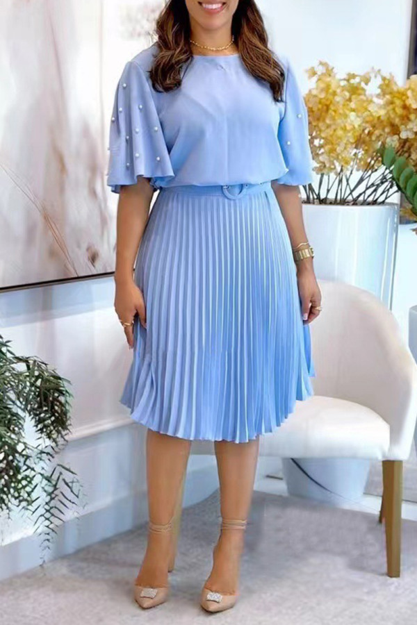 Light Blue Casual Solid Color With Belt O Neck Pleated Dresses