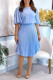 Light Blue Casual Solid Color With Belt O Neck Pleated Dresses