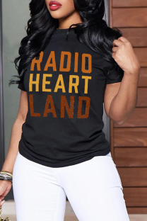 Black Casual Street Letter Print O Neck T-Shirts