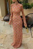 Orange Elegant Print Patchwork Backless O Neck Long Dresses