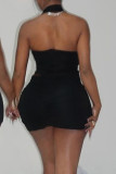 Black Sexy Solid Color Hollow Out Patchwork Backless Heart-shaped Halter Wrapped Skirt Dresses