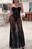 Black Sexy Solid Color Patchwork See-Through Backless Spaghetti Strap Sling Dresses