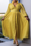 Yellow Elegant Solid Color Patchwork Slit Ruched Deep V Neck Long Dresses
