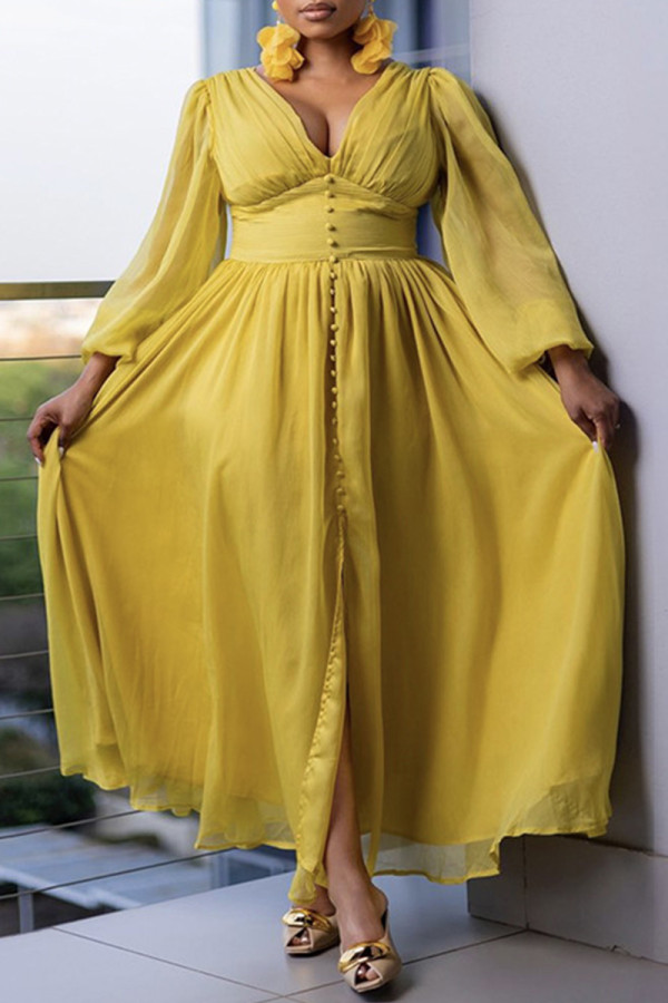 Yellow Elegant Solid Color Patchwork Slit Ruched Deep V Neck Long Dresses