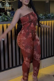 Burgundy Sexy Print Patchwork Backless Oblique Collar Skinny Jumpsuits
