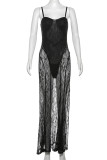 Black Sexy Solid Color Patchwork See-Through Backless Spaghetti Strap Sling Dresses