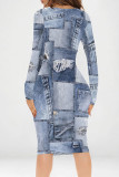Multicolor Casual Street Faux Denim Print Contrast V Neck Printed Dresses