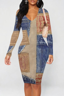 Blue Coffee Casual Street Faux Denim Print Contrast V Neck Printed Dresses