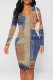 Blue Coffee Casual Street Faux Denim Print Contrast V Neck Printed Dresses