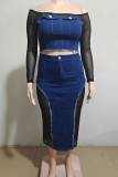 Blue Sexy Buttons Patchwork See-Through Zipper Off Shoulder Long Sleeve Two Pieces