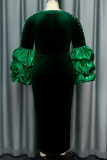 Green Elegant Solid Color Patchwork Slit Beading Zipper O Neck Evening Dresses