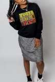 Black Casual Street Letter Print O Neck Tops