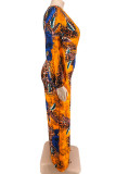 Coffee Casual Print Patchwork V Neck Plus Size Jumpsuits
