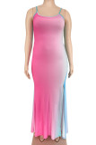 Gradient Color Sexy Gradient Color Patchwork Backless High Slit Spaghetti Strap Sling Plus Size Dresses