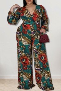 Green Casual Print Patchwork V Neck Plus Size Jumpsuits