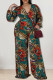 Green Casual Print Patchwork V Neck Plus Size Jumpsuits