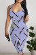 Light Purple Sexy Letter Print Contrast U Neck Printed Dresses